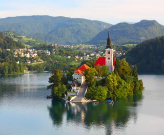 Santa Maria Church catholic church on an island in the centre of Lake Bled, Slovenia
